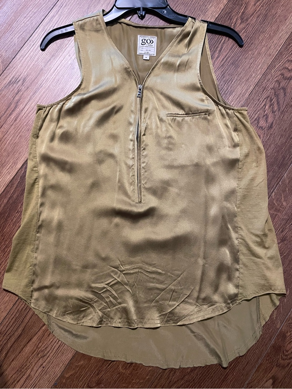 Go> by GoSilk Mixed-Media Washable 100% Silk Zip Tank Antique Gold / Olive